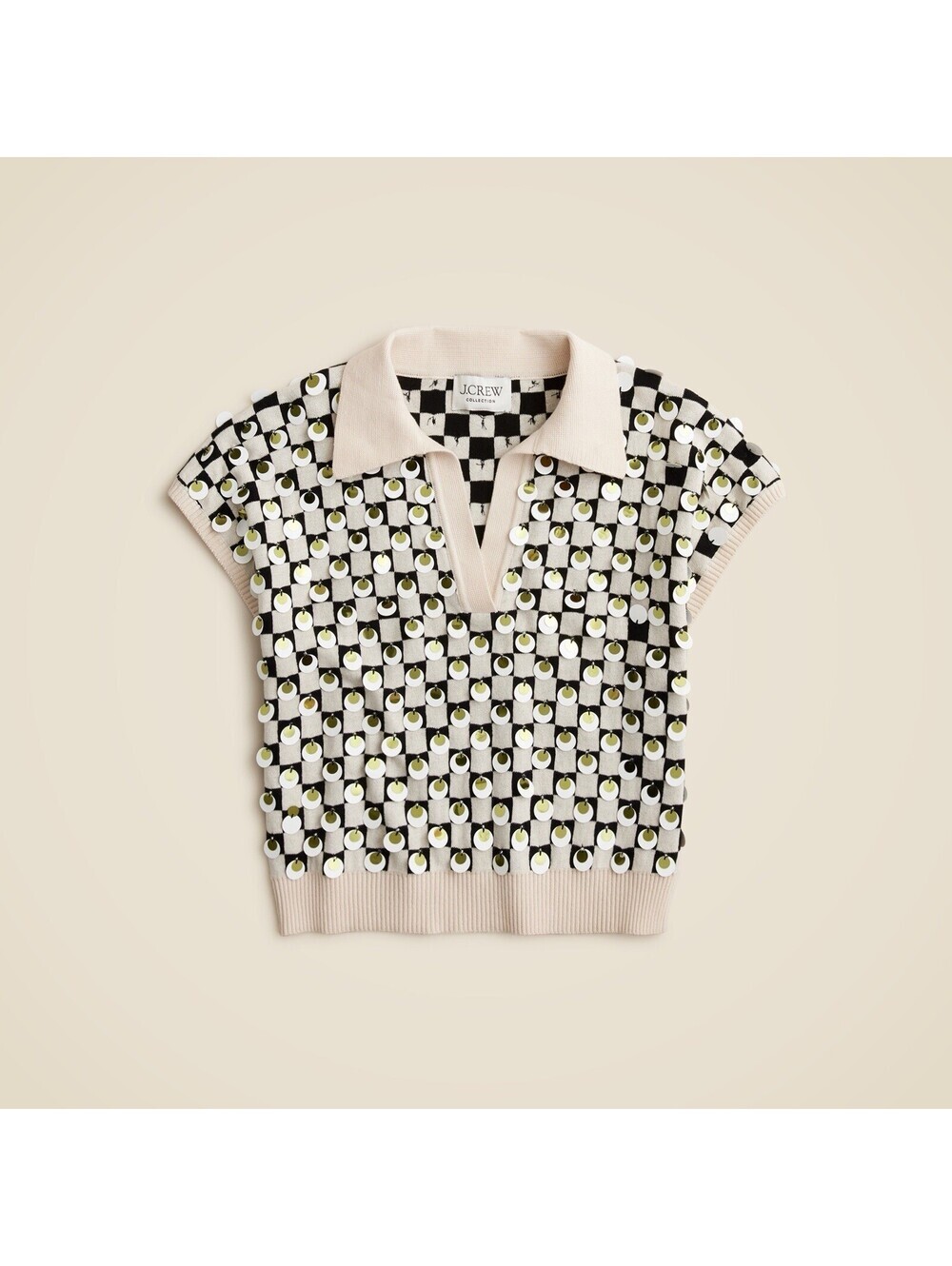 J.Crew Collection Sequin Johnny Collar Sweater Vest Black Cream Medium